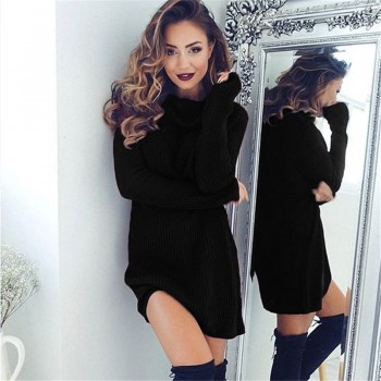 New Solid Long Sleeve Autumn Winter Dresses Women Turtleneck Warm Knitted Sweater Dress Casual Loose Mini Dress