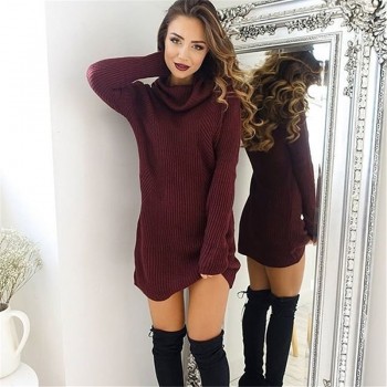 New Solid Long Sleeve Autumn Winter Dresses Women Turtleneck Warm Knitted Sweater Dress Casual Loose Mini Dress