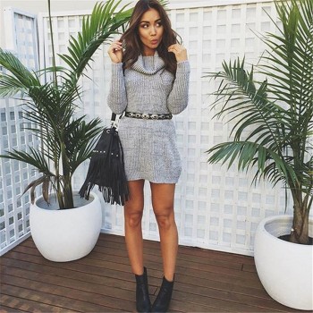 New Solid Long Sleeve Autumn Winter Dresses Women Turtleneck Warm Knitted Sweater Dress Casual Loose Mini Dress