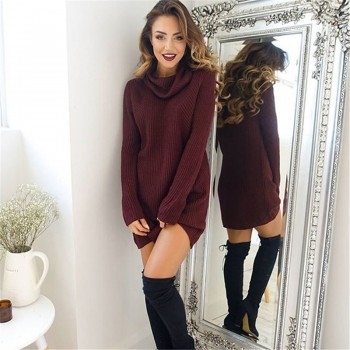 New Solid Long Sleeve Autumn Winter Dresses Women Turtleneck Warm Knitted Sweater Dress Casual Loose Mini Dress