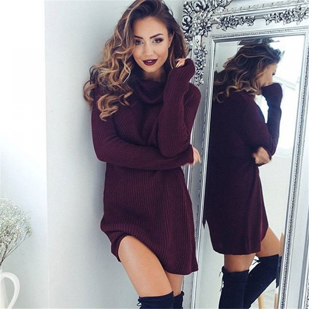 New Solid Long Sleeve Autumn Winter Dresses Women Turtleneck Warm Knitted Sweater Dress Casual Loose Mini Dress