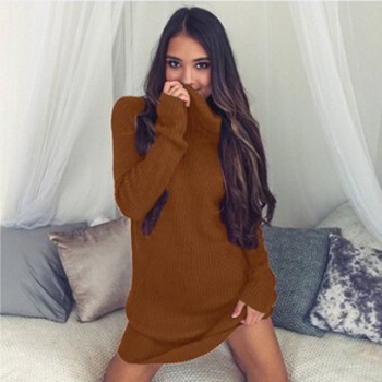 New Solid Long Sleeve Autumn Winter Dresses Women Turtleneck Warm Knitted Sweater Dress Casual Loose Mini Dress