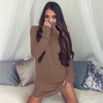 New Solid Long Sleeve Autumn Winter Dresses Women Turtleneck Warm Knitted Sweater Dress Casual Loose Mini Dress