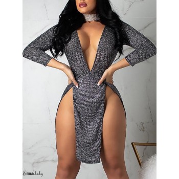 New 2019 Women Sparkly V-Neck Bodycon Sequined Long Sleeve  Short Mini Dress Party  Clubwear