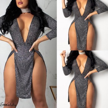 New 2019 Women Sparkly V-Neck Bodycon Sequined Long Sleeve  Short Mini Dress Party  Clubwear
