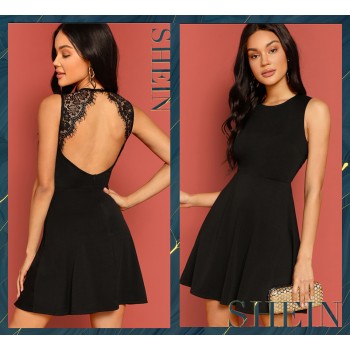 SHEIN Sexy Black Lace Insert Open Back Skater Fit and Flare High Waist Sleeveless Fitted Mini Dress Women Summer Solid Dresses