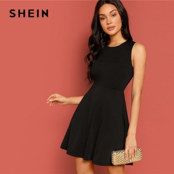 SHEIN Sexy Black Lace Insert Open Back Skater Fit and Flare High Waist Sleeveless Fitted Mini Dress Women Summer Solid Dresses