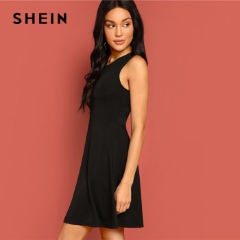 SHEIN Sexy Black Lace Insert Open Back Skater Fit and Flare High Waist Sleeveless Fitted Mini Dress Women Summer Solid Dresses