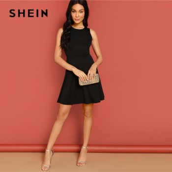 SHEIN Sexy Black Lace Insert Open Back Skater Fit and Flare High Waist Sleeveless Fitted Mini Dress Women Summer Solid Dresses
