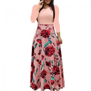 New Women Plus Size Bohemian Long Sleeve Maxi Dress Color Block Polka Dot Floral Patchwork Bodycon Empire Waist Vintage S-2XL