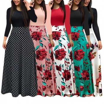 New Women Plus Size Bohemian Long Sleeve Maxi Dress Color Block Polka Dot Floral Patchwork Bodycon Empire Waist Vintage S-2XL