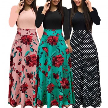 New Women Plus Size Bohemian Long Sleeve Maxi Dress Color Block Polka Dot Floral Patchwork Bodycon Empire Waist Vintage S-2XL