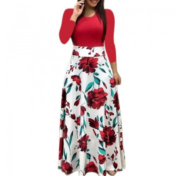 New Women Plus Size Bohemian Long Sleeve Maxi Dress Color Block Polka Dot Floral Patchwork Bodycon Empire Waist Vintage S-2XL
