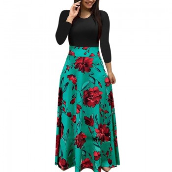 New Women Plus Size Bohemian Long Sleeve Maxi Dress Color Block Polka Dot Floral Patchwork Bodycon Empire Waist Vintage S-2XL