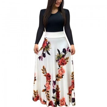 New Women Plus Size Bohemian Long Sleeve Maxi Dress Color Block Polka Dot Floral Patchwork Bodycon Empire Waist Vintage S-2XL
