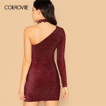 COLROVIE Maroon One Shoulder Bodycon Glitter Sexy Women Dress With Choker 2019 Night Club Slim Fit Pencil Ladies Short Dresses