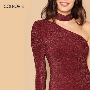COLROVIE Maroon One Shoulder Bodycon Glitter Sexy Women Dress With Choker 2019 Night Club Slim Fit Pencil Ladies Short Dresses