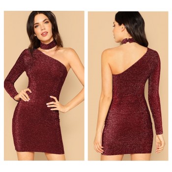 COLROVIE Maroon One Shoulder Bodycon Glitter Sexy Women Dress With Choker 2019 Night Club Slim Fit Pencil Ladies Short Dresses
