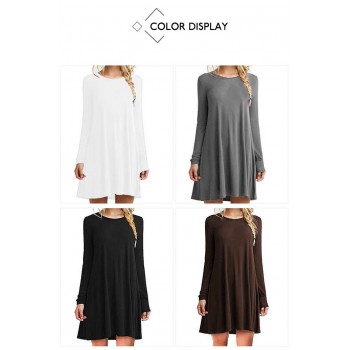 Hot Autumn Womens Long Sleeve Dress Large Size S-2XL Solid Color Dress Round Neck Short Sleeve Loose Slim Commuter Casual