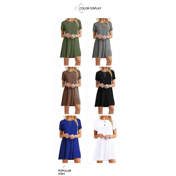 Hot Autumn Womens Long Sleeve Dress Large Size S-2XL Solid Color Dress Round Neck Short Sleeve Loose Slim Commuter Casual