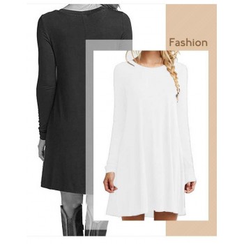 Hot Autumn Womens Long Sleeve Dress Large Size S-2XL Solid Color Dress Round Neck Short Sleeve Loose Slim Commuter Casual