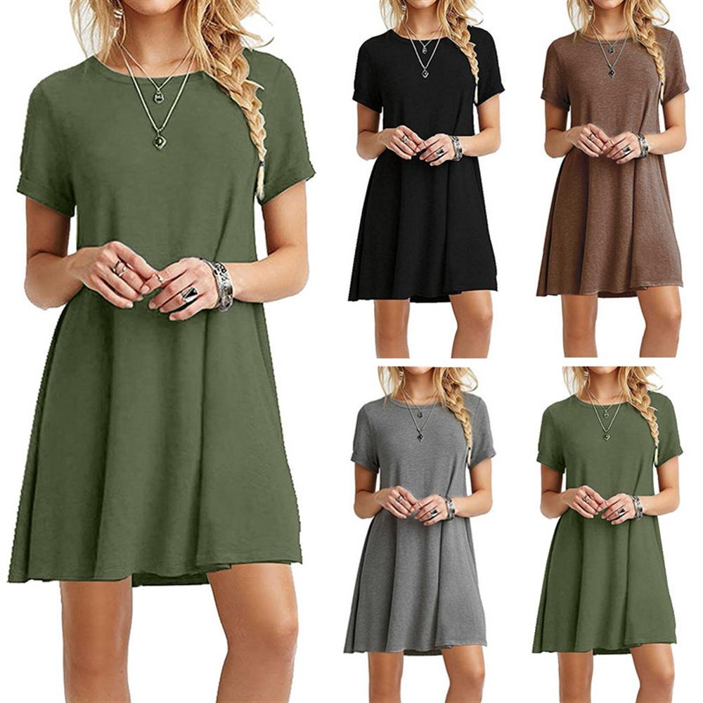 Hot Autumn Womens Long Sleeve Dress Large Size S-2XL Solid Color Dress Round Neck Short Sleeve Loose Slim Commuter Casual