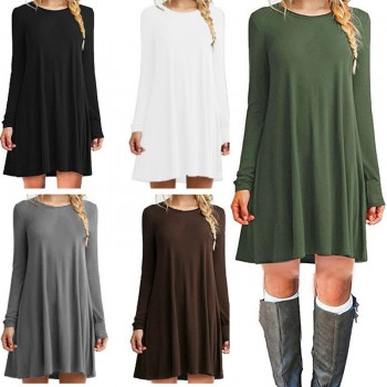 Hot Autumn Womens Long Sleeve Dress Large Size S-2XL Solid Color Dress Round Neck Short Sleeve Loose Slim Commuter Casual