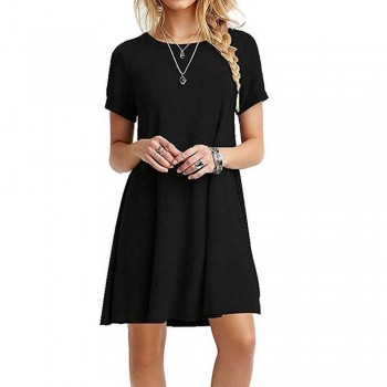 Hot Autumn Womens Long Sleeve Dress Large Size S-2XL Solid Color Dress Round Neck Short Sleeve Loose Slim Commuter Casual