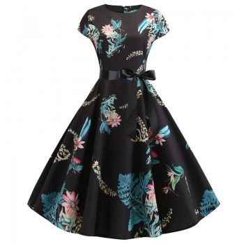 2019 Women Summer Dress Vintage Floral Print Rockabilly Dress Robe Femme Sundress Vestidos Plus Size Polka Dot Party Dress