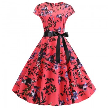 2019 Women Summer Dress Vintage Floral Print Rockabilly Dress Robe Femme Sundress Vestidos Plus Size Polka Dot Party Dress