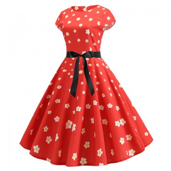 2019 Women Summer Dress Vintage Floral Print Rockabilly Dress Robe Femme Sundress Vestidos Plus Size Polka Dot Party Dress