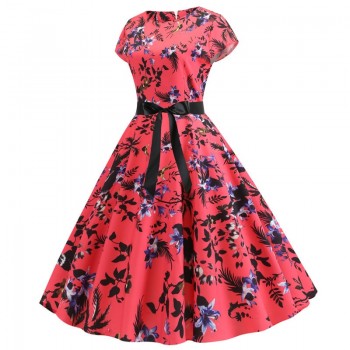 2019 Women Summer Dress Vintage Floral Print Rockabilly Dress Robe Femme Sundress Vestidos Plus Size Polka Dot Party Dress
