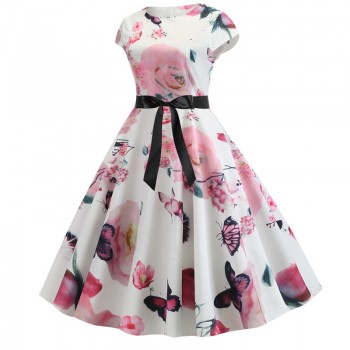 2019 Women Summer Dress Vintage Floral Print Rockabilly Dress Robe Femme Sundress Vestidos Plus Size Polka Dot Party Dress