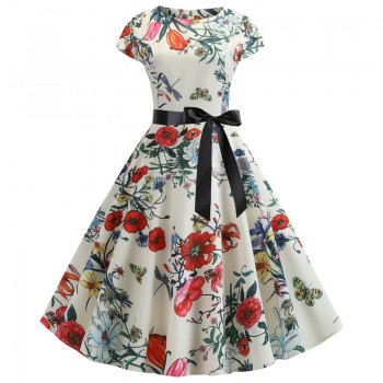 2019 Women Summer Dress Vintage Floral Print Rockabilly Dress Robe Femme Sundress Vestidos Plus Size Polka Dot Party Dress
