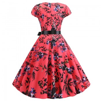 2019 Women Summer Dress Vintage Floral Print Rockabilly Dress Robe Femme Sundress Vestidos Plus Size Polka Dot Party Dress