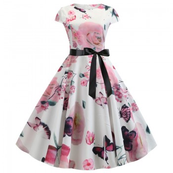 2019 Women Summer Dress Vintage Floral Print Rockabilly Dress Robe Femme Sundress Vestidos Plus Size Polka Dot Party Dress