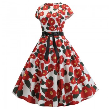 2019 Women Summer Dress Vintage Floral Print Rockabilly Dress Robe Femme Sundress Vestidos Plus Size Polka Dot Party Dress