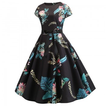 2019 Women Summer Dress Vintage Floral Print Rockabilly Dress Robe Femme Sundress Vestidos Plus Size Polka Dot Party Dress