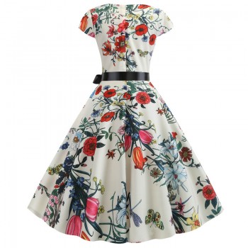 2019 Women Summer Dress Vintage Floral Print Rockabilly Dress Robe Femme Sundress Vestidos Plus Size Polka Dot Party Dress
