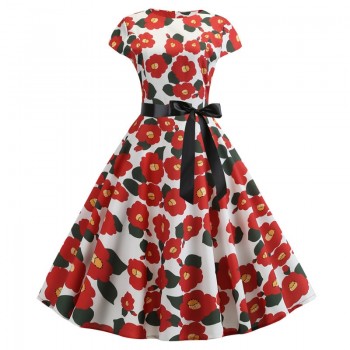 2019 Women Summer Dress Vintage Floral Print Rockabilly Dress Robe Femme Sundress Vestidos Plus Size Polka Dot Party Dress