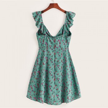 SHEIN Pink Boho Ditsy Floral Knot Neck Ruffle Trim Summer Dress Women Sweetheart V Neck Sleeveless High Waist Sexy Dress