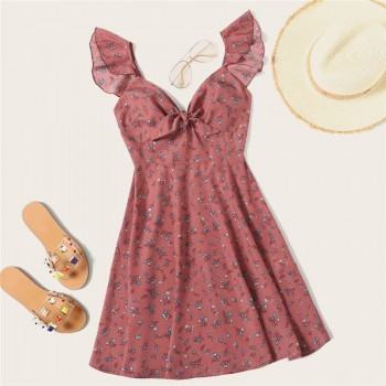 SHEIN Pink Boho Ditsy Floral Knot Neck Ruffle Trim Summer Dress Women Sweetheart V Neck Sleeveless High Waist Sexy Dress