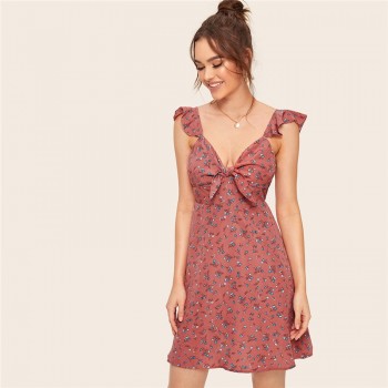 SHEIN Pink Boho Ditsy Floral Knot Neck Ruffle Trim Summer Dress Women Sweetheart V Neck Sleeveless High Waist Sexy Dress