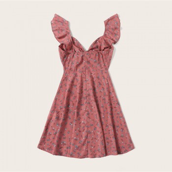 SHEIN Pink Boho Ditsy Floral Knot Neck Ruffle Trim Summer Dress Women Sweetheart V Neck Sleeveless High Waist Sexy Dress