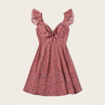 SHEIN Pink Boho Ditsy Floral Knot Neck Ruffle Trim Summer Dress Women Sweetheart V Neck Sleeveless High Waist Sexy Dress