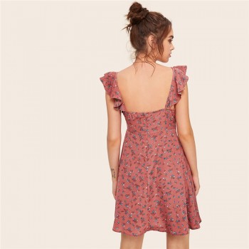 SHEIN Pink Boho Ditsy Floral Knot Neck Ruffle Trim Summer Dress Women Sweetheart V Neck Sleeveless High Waist Sexy Dress