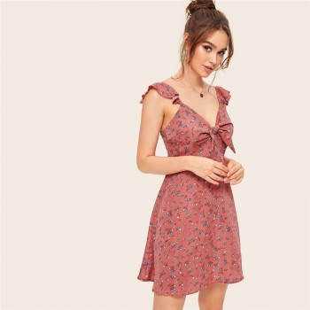 SHEIN Pink Boho Ditsy Floral Knot Neck Ruffle Trim Summer Dress Women Sweetheart V Neck Sleeveless High Waist Sexy Dress