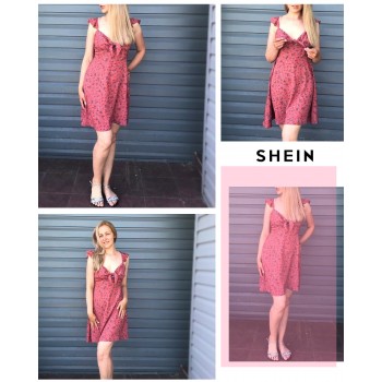 SHEIN Pink Boho Ditsy Floral Knot Neck Ruffle Trim Summer Dress Women Sweetheart V Neck Sleeveless High Waist Sexy Dress