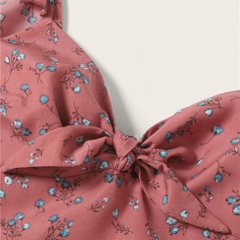 SHEIN Pink Boho Ditsy Floral Knot Neck Ruffle Trim Summer Dress Women Sweetheart V Neck Sleeveless High Waist Sexy Dress
