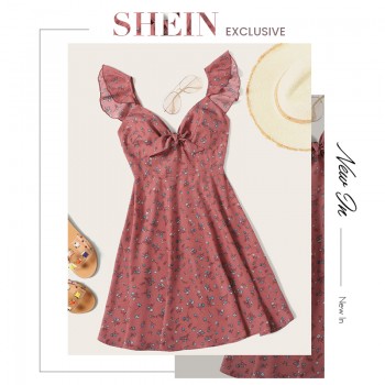 SHEIN Pink Boho Ditsy Floral Knot Neck Ruffle Trim Summer Dress Women Sweetheart V Neck Sleeveless High Waist Sexy Dress